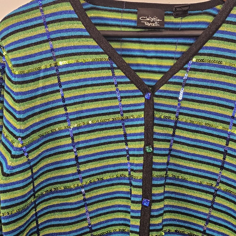 Christina Rotelli Sequin Striped Cardigan Sweater XL Beaded Buttons Mod Glam